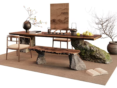 Rustic Tea Table and Chairs with Rock Bases Wooden Bench Tea Sets Fruits on Mat 3d model