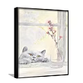 Watercolor Animal Painting of Striped Cat with Large Eyes in Front of Colorful Bookshelf