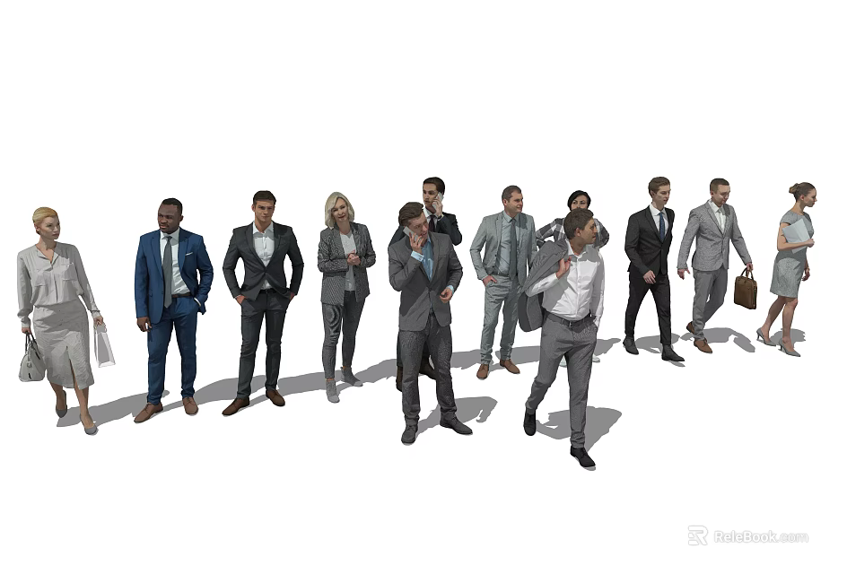 Group of Business Professionals Standing in Line Wearing Formal Suits and Attire 3d model 