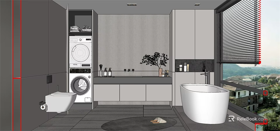 Modern Bathroom Interior Design With Washing Machine Vanity Bathtub And Potted Plant 3d model 