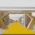 Spacious Corridor Featuring Yellow Carpet Curved Decorative Structures Wall Displays And Mannequins