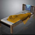 Simple Wooden Bed With White Mattress Orange Blanket And Blue Towel