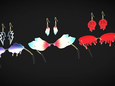 Unique Shaped Earrings With Lightning Petal And Dripping Designs In Colorful Rainbow Red 3d model