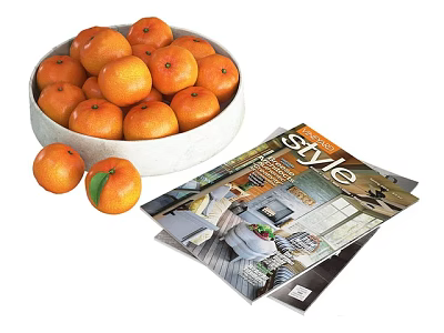 Decorative Ornament Set With Bowl Of Fresh Oranges And Style Magazines For Home 3d model