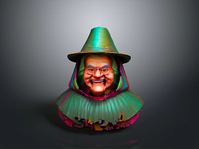 A Magical Witch Woman With Green Pointed Hat And Green Cloak Colorful Details 3d model
