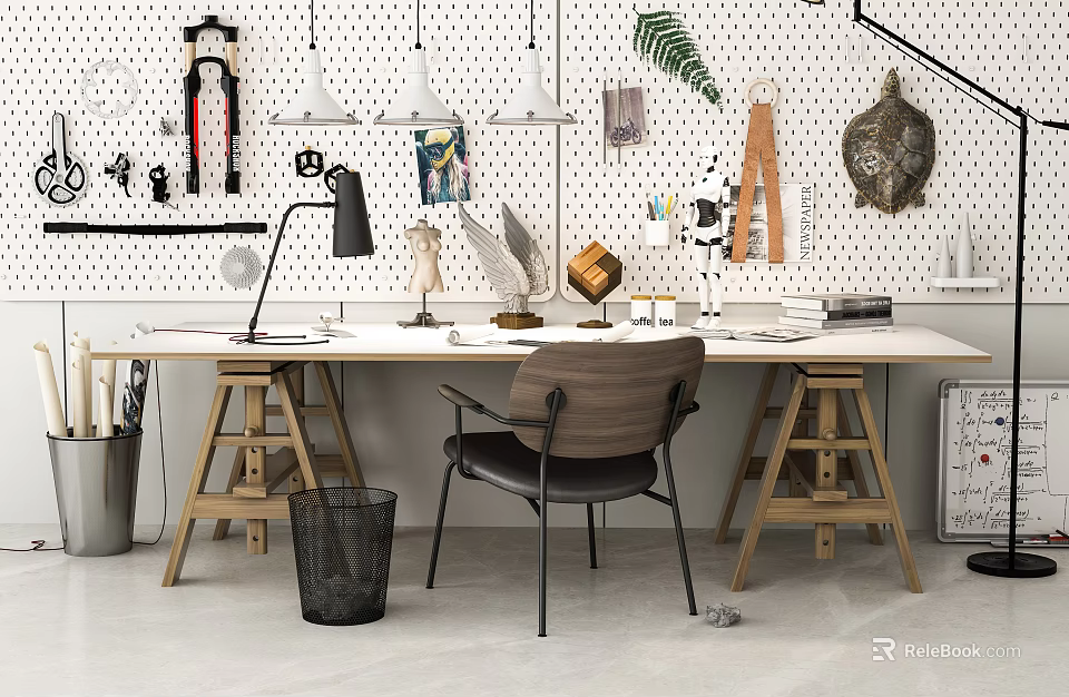 Modern Home Office Desk With Trestle Legs Minimalist Chair Pegboard And Fern Plant 3d model 