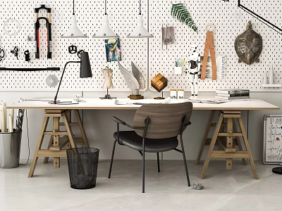 Modern Home Office Desk With Trestle Legs Minimalist Chair Pegboard And Fern Plant 3d model