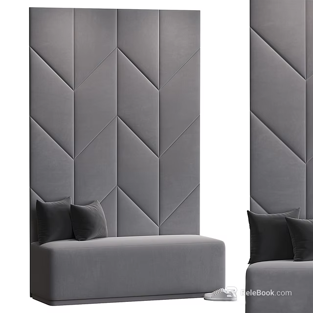 Gray Geometric Pattern Upholstered Wall Panels Interior With Modern Sofa Seat And Pillows 3d model