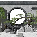 Traditional Chinese Garden Wall with Circular Opening Pine Tree Bamboo Rocks and Gravel