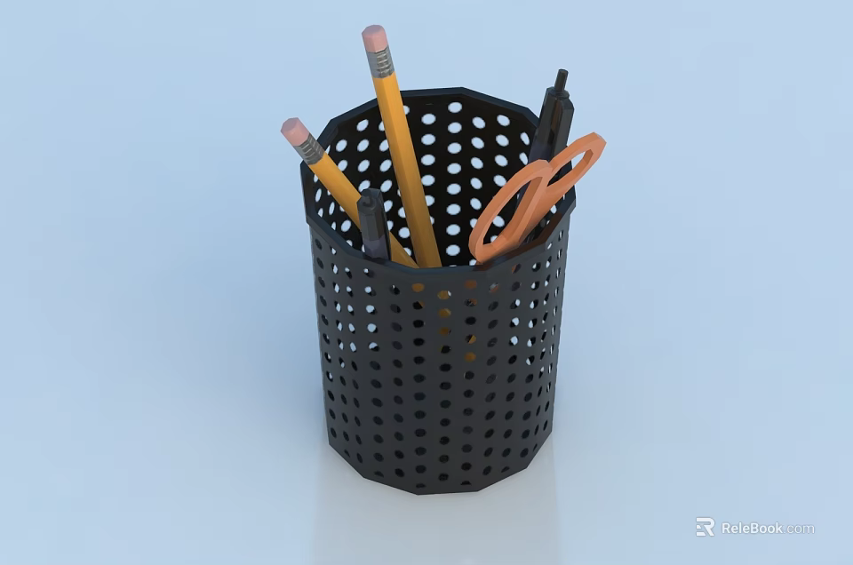 Black Perforated Pen Holder With Pencils Scissors And Stationery Organizer 3d model 