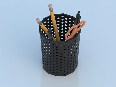 Black Perforated Pen Holder With Pencils Scissors And Stationery Organizer 3d model