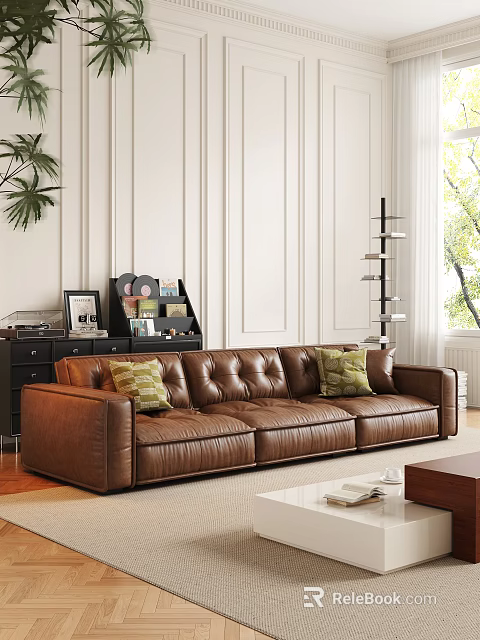 Brown Leather Three-Seater Sofa With Green Cushions Against White Paneled Walls And Natural Light 3d model 