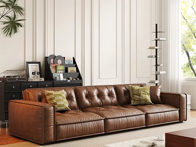 Brown Leather Three-Seater Sofa With Green Cushions Against White Paneled Walls And Natural Light 3d model