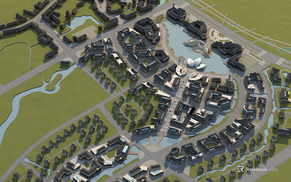 Aerial View of Modern Residential Buildings with Lakes Green Spaces and Planned Road Layout 3d model 