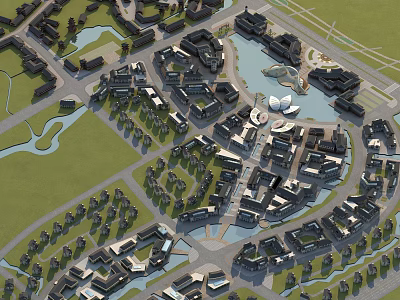 Aerial View of Modern Residential Buildings with Lakes Green Spaces and Planned Road Layout 3d model