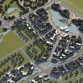 Aerial View of Modern Residential Buildings with Lakes Green Spaces and Planned Road Layout