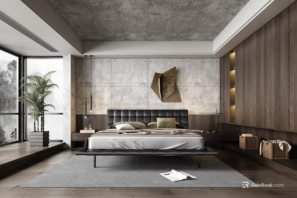 Modern Bedroom Interior With Concrete Ceiling Wall Wooden Cabinets Black Headboard Gray Rug Plant 3d model 