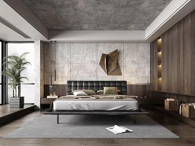 Modern Bedroom Interior With Concrete Ceiling Wall Wooden Cabinets Black Headboard Gray Rug Plant 3d model