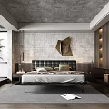 Modern Bedroom Interior With Concrete Ceiling Wall Wooden Cabinets Black Headboard Gray Rug Plant