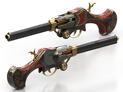 Pair of Decorative Revolvers With Red Black Handles And Gold Accents 3d model