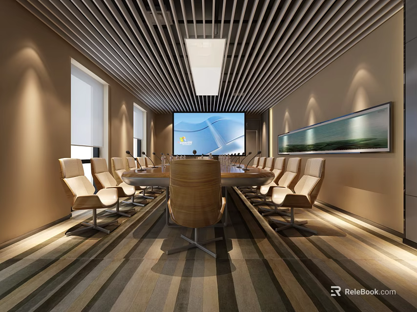Modern Conference Room With Long Table Chairs Wooden Ceiling Large Screen And Striped Carpet 3d model 