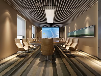 Modern Conference Room With Long Table Chairs Wooden Ceiling Large Screen And Striped Carpet 3d model