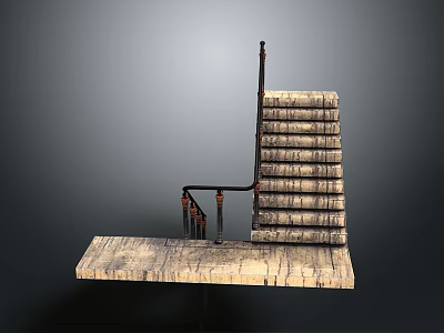 Stone Staircase With Wrought Iron Handrail And Platform In Interior Design 3d model