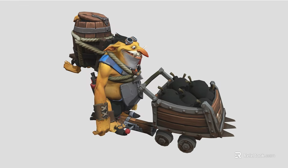 Fantasy Game Movie Character With Barrel On Back Wearing Goggles Pushing Wooden Coal Cart 3d model 