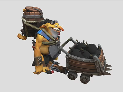 Fantasy Game Movie Character With Barrel On Back Wearing Goggles Pushing Wooden Coal Cart 3d model