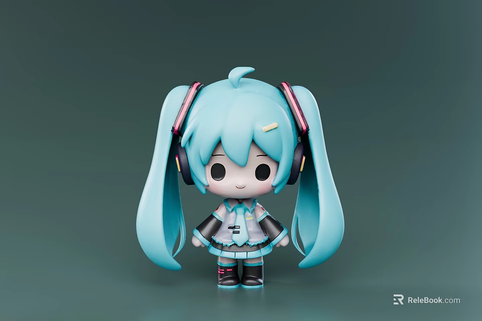 Chibi Style Game Anime Character With Blue Long Twintails And Headphones 3d model 