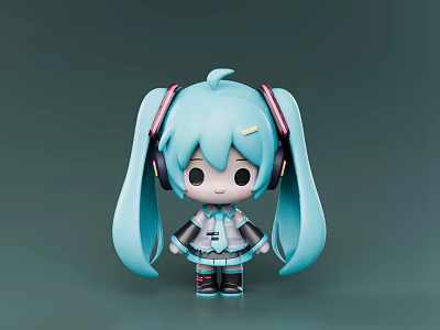 Chibi Style Game Anime Character With Blue Long Twintails And Headphones 3d model