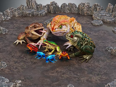 Colorful Toads And Frogs In Rocky Terrain With Vibrant Skin And Natural Habitat 3d model