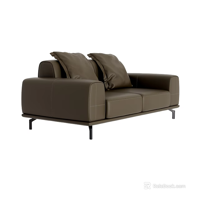 Brown Leather Two Seater Sofa with Modern Design and Black Metal Legs and Comfortable Pillows 3d model 