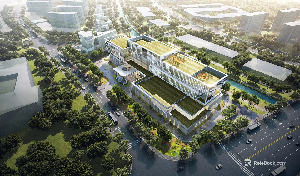 Modern Hotel Building With Green Roof And Glass Facade Surrounded By Trees 3d model 