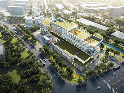 Modern Hotel Building With Green Roof And Glass Facade Surrounded By Trees 3d model