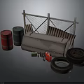 Construction Site Area With Metal Fence Barrels Old Metal Box Tires And Tools