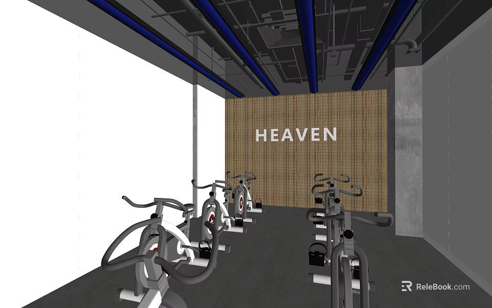 Modern Fitness Studio With Heaven Themed Wall Featuring Spin Bikes And Workout Equipment 3d model 