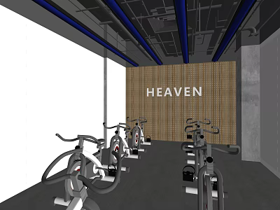Modern Fitness Studio With Heaven Themed Wall Featuring Spin Bikes And Workout Equipment 3d model