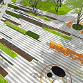 Geometric Garden Landscape Design With Green Plant Beds Pathways And Orange Seating