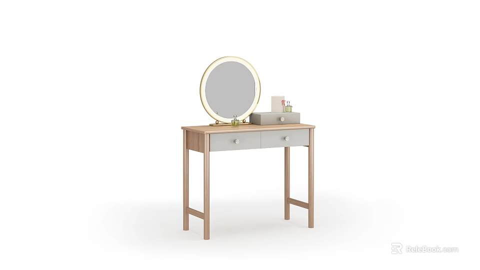 Wooden Vanity Table With Round Gold Frame Mirror And Storage Drawers 3d model
