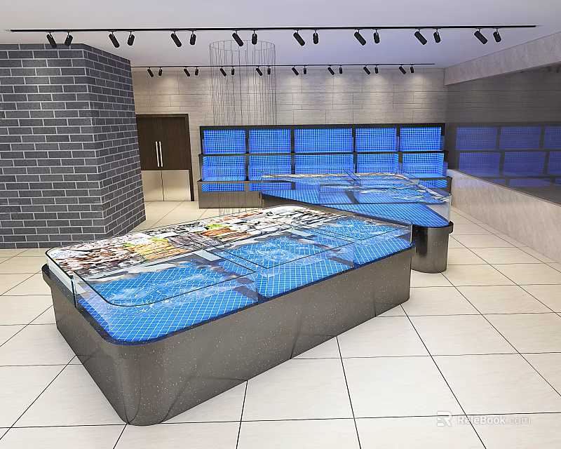 Modern Mall Store Interior With Blue Display Counters Brick Wall Spotlights And Tile Floor 3d model
