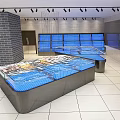 Modern Mall Store Interior With Blue Display Counters Brick Wall Spotlights And Tile Floor 3d model