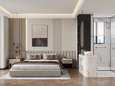Modern Elegant Bedroom Interior With Bed Artwork Nightstands Marble Accents And Wardrobe Lighting 3d model