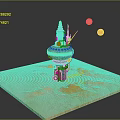 Futuristic Sci Fi Tower With Orange Lava Like Ground And Red Yellow Spheres