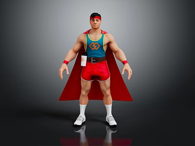 Muscular Superhero Character With Red Cape Blue Vest Yellow Logo Red Shorts And White Sneakers 3d model