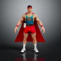Muscular Superhero Character With Red Cape Blue Vest Yellow Logo Red Shorts And White Sneakers