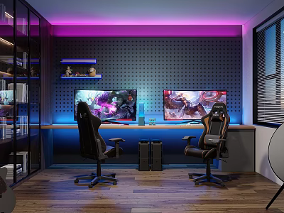 Modern Gaming Room Setup With Dual Monitors Gaming Chairs LED Lights And Shelves 3d model