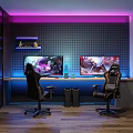 Modern Gaming Room Setup With Dual Monitors Gaming Chairs LED Lights And Shelves