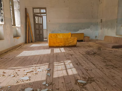 Abandoned Indoor Scene With Wooden Floor Yellow Sofa Windows Peeling Walls Wood Chips And Debris 3d model