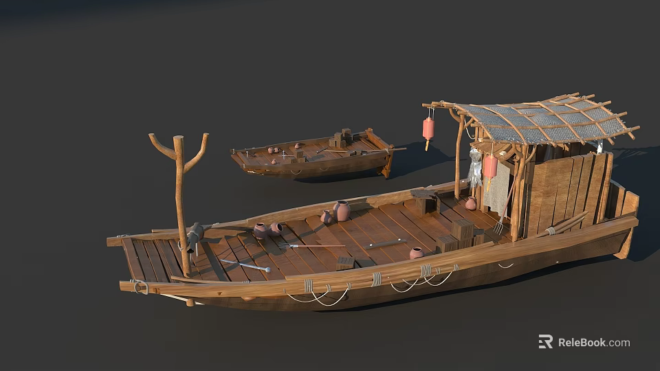 Traditional Wooden Boats With Bamboo Roof Clay Pots And Ropes On Deck 3d model 